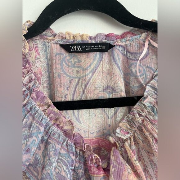 Zara Paisley Ruffle Crop Sheer Button Down Long Sleeve Blouse - Pastel - Medium - Picture 5 of 10